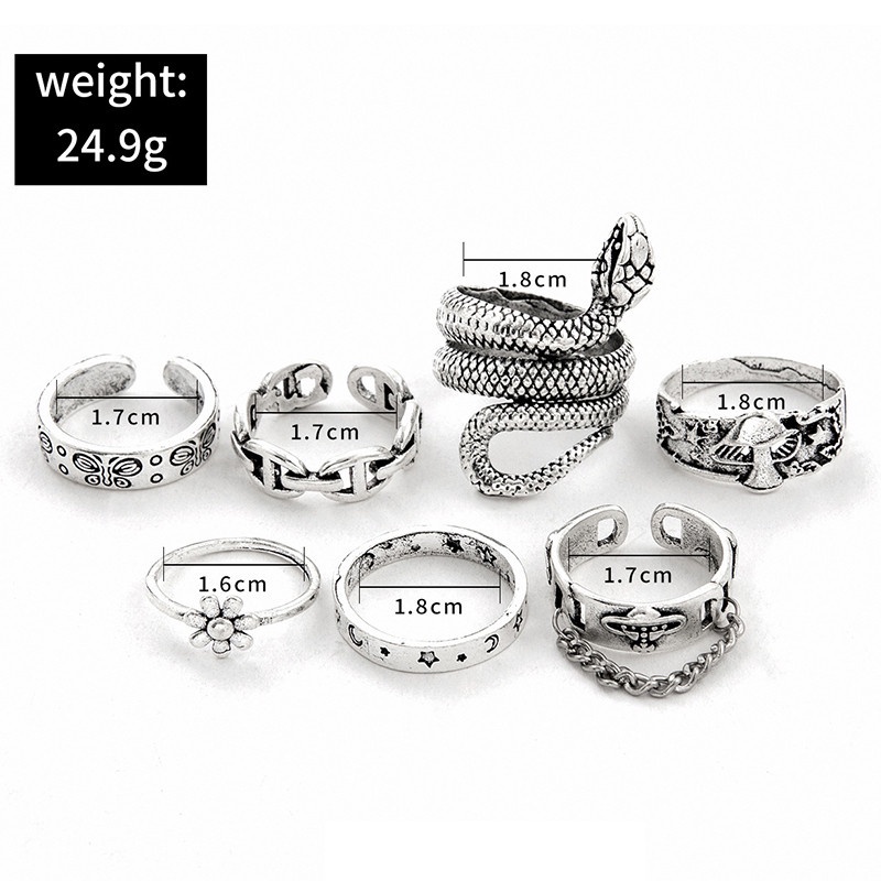 7pcs / Set Cincin Rantai Desain Ular Butterfly Bunga Jamur Untuk Wanita