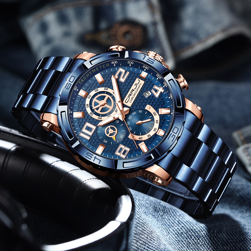 CRRJU Fashion Olahraga Kasual Chronograph Jam Tangan Pria Tahan Air Top Brand Luxury Stainless steel Bercahaya Quartz Watch