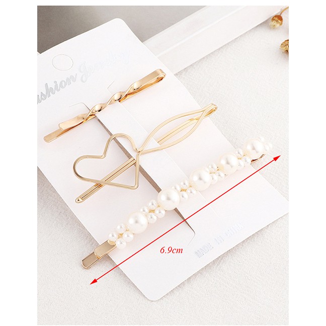 LRC Jepit Rambut Fashion Gold Peach Heart Pearl Hair Clip Set Y61545