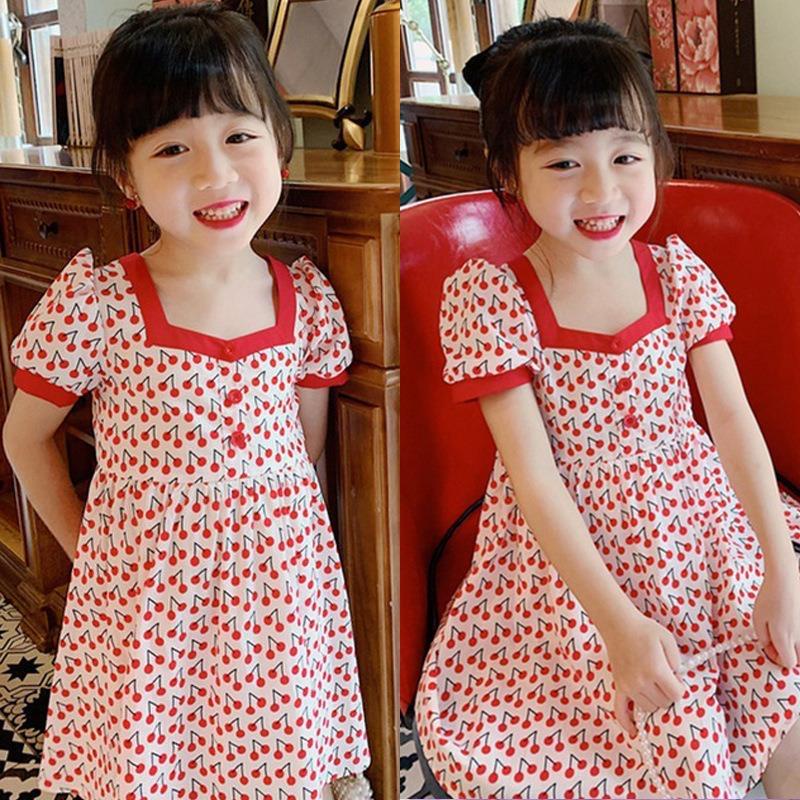 Dress Anak Perempuan  Korean Style Cherry Merah Puff