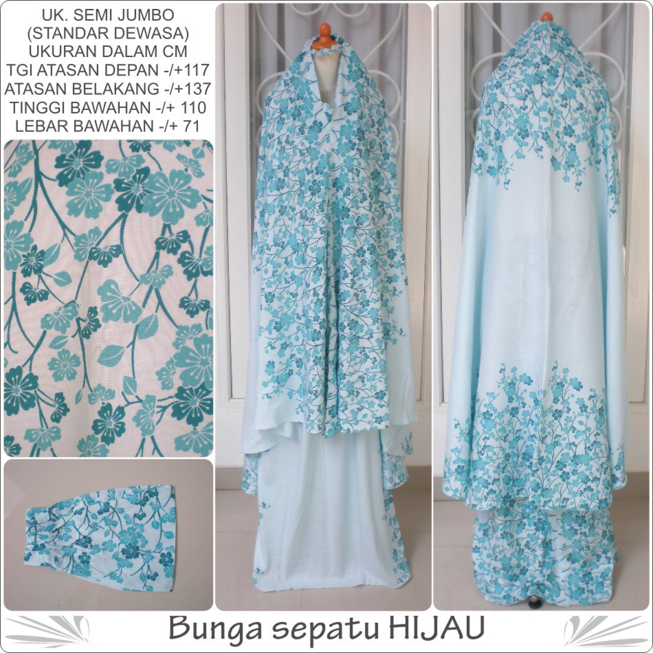 mukena dewasa bali motif bunga sepatu bahan rayon warna hijau semi jumbo