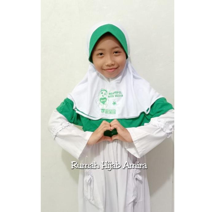 JILBAB ANAK SEKOLAH PITA KARET HIJAB DAN KUDA PONI PUTIH HIJAU
