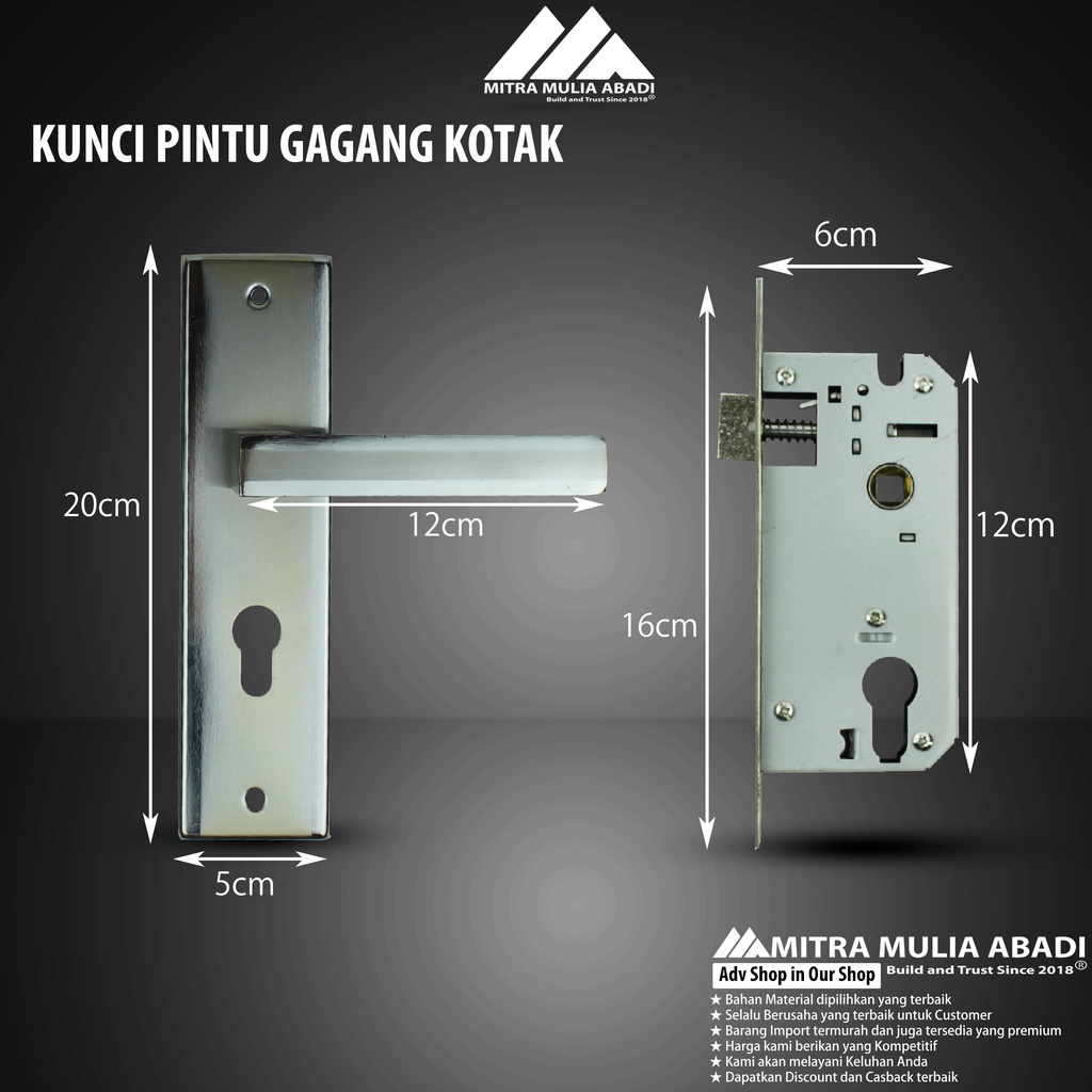 Kunci Pintu Silinder Trego Set Komplit Handle Kotak | 20 cm Gagang Handle Pintu Rumah