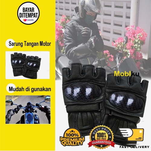 [BISA COD] Sarung Tangan Motor Kulit Sintetis Half Finger Glove Protector Hitam Protektor Touchscreen Anti Slip Sarung Tangan Batok