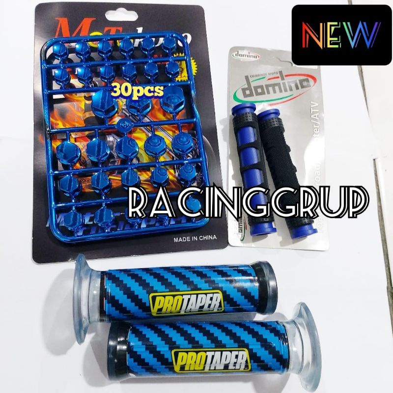 Paket 3 set Cover baut monel baut + Grip karbon + karet handle biru