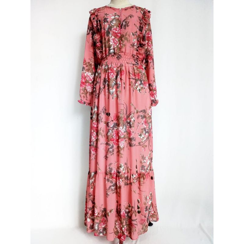 Promo Sale Diskon Gamis Ceruty Motif Bunga Full Furing Murah Model Smok Pinggang Rumbai Ecer/Grosir