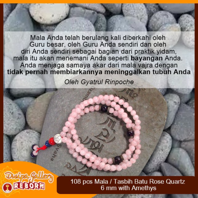 Tasbih / Mala Buddha 108 Batu Rose Quartz 6 mm with Amethys