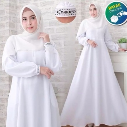 Gamis polos putih bahan crinkle air flow /dress putih/gamis kekinian tangan kancing hidup