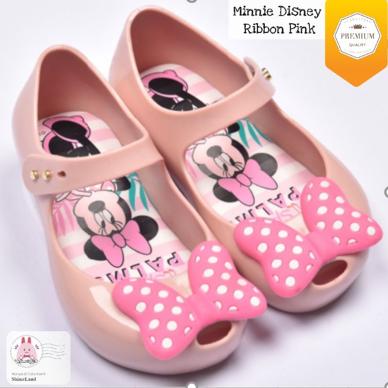 Sepatu Anak Perempuan Minnie Mouse Ribbon Pink Flat Jelly Shoes