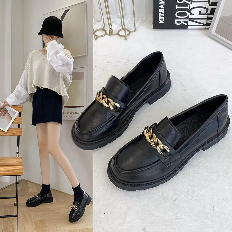 fakhrieshop- SEPATU DOCMART LOAFERS '' LARISSA '' BLACK DOF AND GLOSY STYLE RANTAI PREMIUM GS09