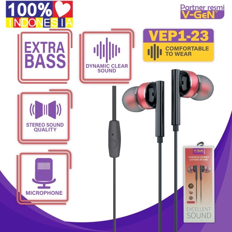 Ready Stok EARPHONE HEADSET V-GEN EXTRA BASS ORIGINAL VEP1-23 HIGH QUALITY HANDSFREE VGEN