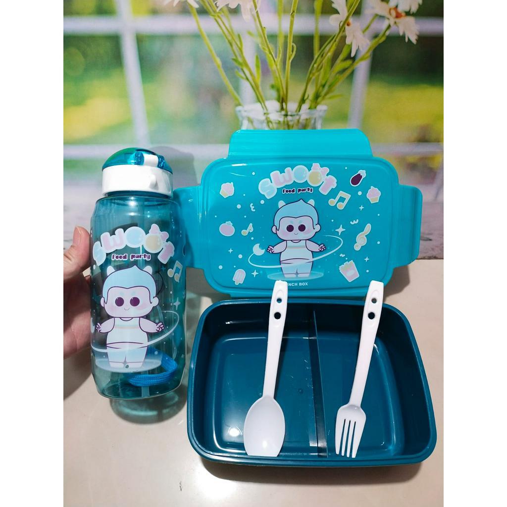 LUNCBOX BEKAL MAKAN ANAK 2 IN 1 DAPAT SENDOK GARPU FREE BOTOL MINUM SEDOTAN || KOTAK MAKAN ANAK KARAKTER - BD