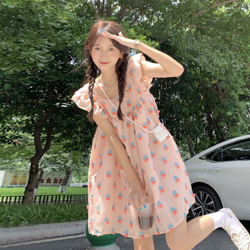 [MikanHiro Store] Dress Line A Cute Dress Peach Short Korean Style Summer Dress Gaun Lucu Remaja