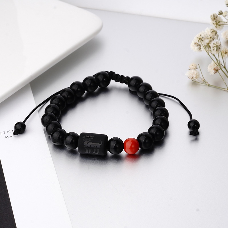 Gelang Manik-Manik Hitam Ukuran 8MM Desain 12 Zodiak Untuk Pria Dan Wanita