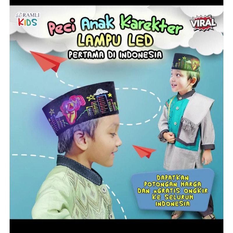 BISA CUSTOM NAMA Peci Songkok Kopyah Anak LED Karakter Lampu Menyala RAMLI