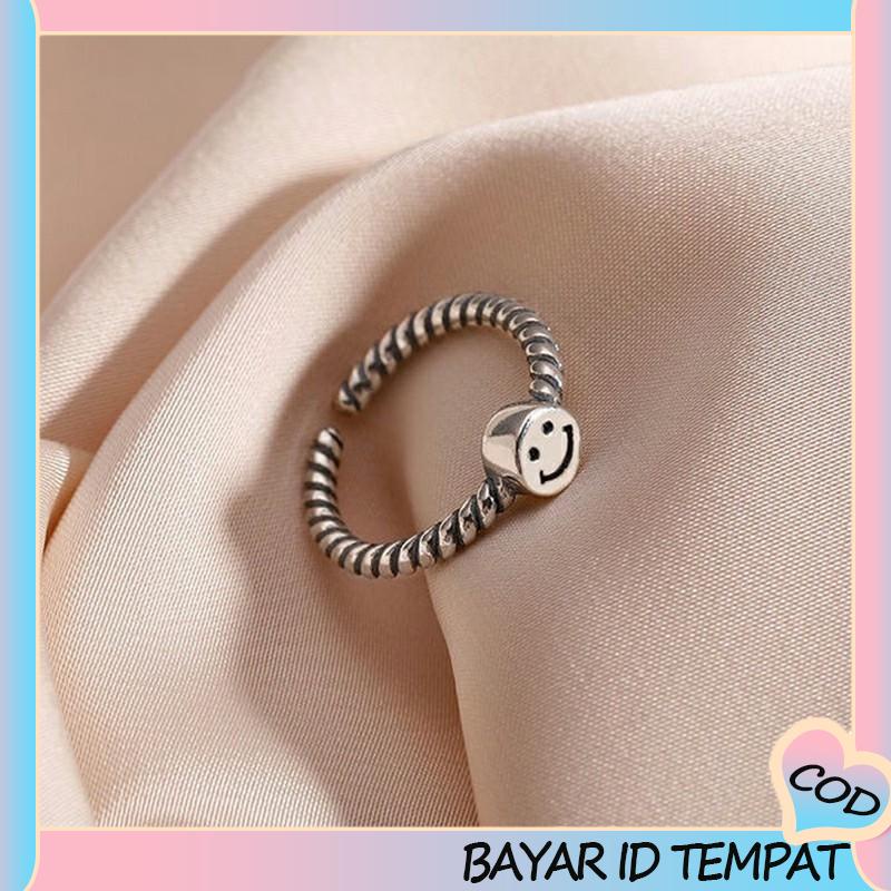 COD❤️ 2 PCS Retro Smiley Cincin Wanita Fashion Kepribadian Pembukaan Cincin Dapat Disesuaikan-A.one