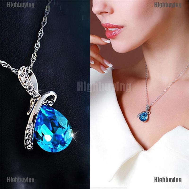 Kalung Rantai Lapis Rhodium Dengan Liontin Kristal Biru Bentuk Tetesan Air Untuk Wanita