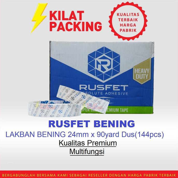 

[[BISA COD]] Lakban Rusfet Bening Premium Quality 24mm x 90yard 1 Dus SPECIAL Kode 696
