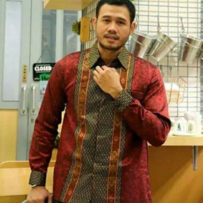 Kemeja Songket Merah | Kemeja Tenun Merah | Kemeja Songket Merah