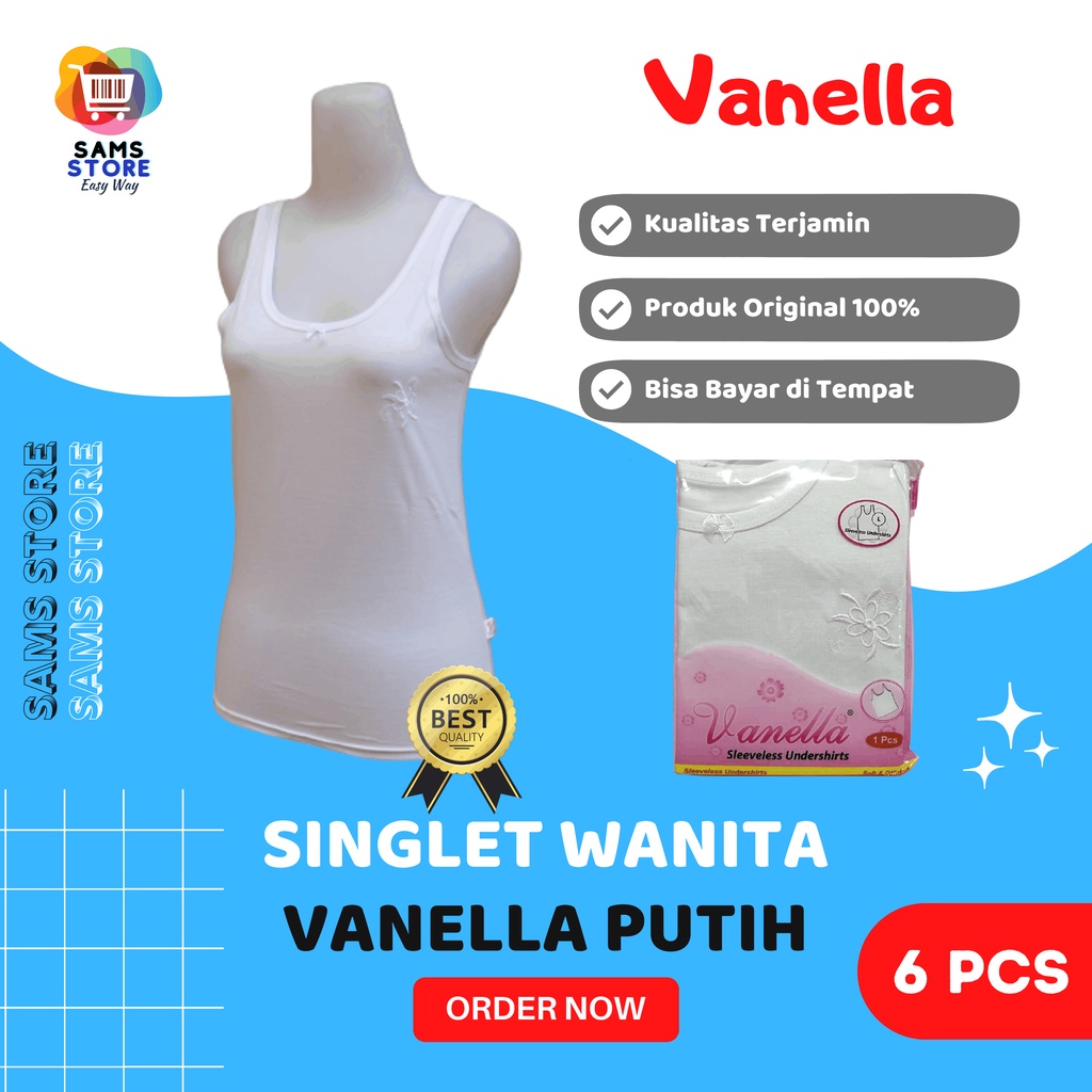 (6 Pcs) Grosir Tanktop Vanella Pakaian Kaos Dalam Kutang Wanita Dewasa Warna Putih Polos / Singlet A