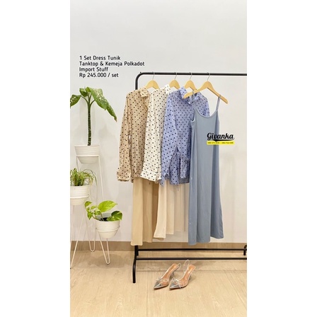 1SET DRESS TUNIK TANKTOP + KEMEJA POLKADOT IMPORT STUFF// SETELAN DRESS TUNIK WANITA IMPORT