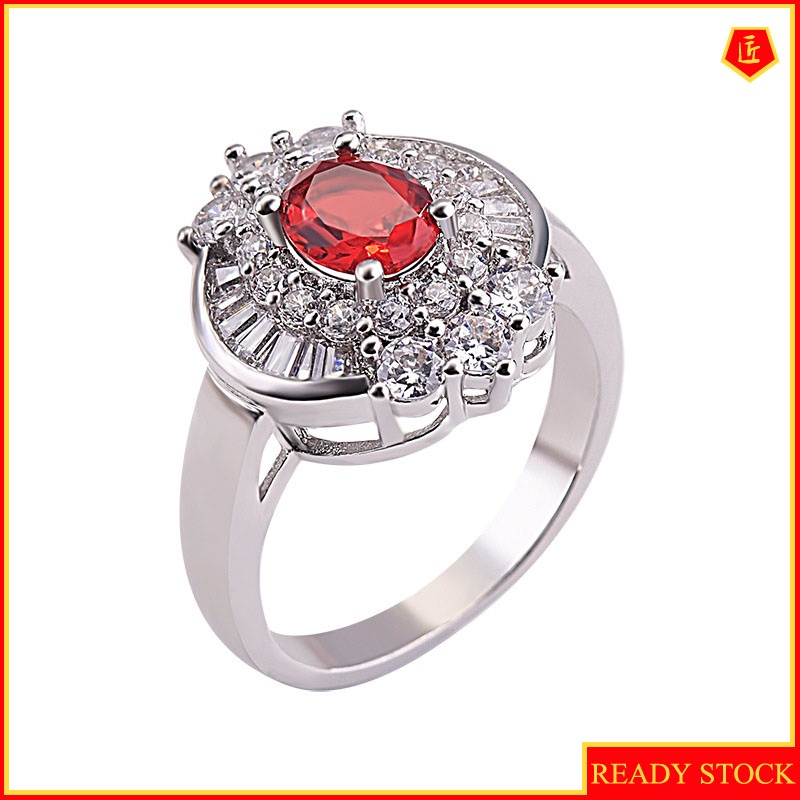 [Ready Stock]Luxury Fashion Inlaid Ruby Ladder Square Diamond Ring