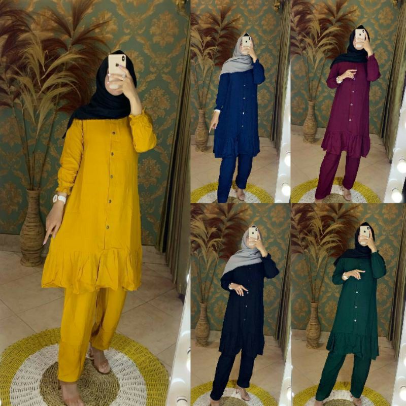 Sania Setelan Long Tunik Rayon Oneset Celana Panjang Rayon Twill Polos Full Kancing Busui