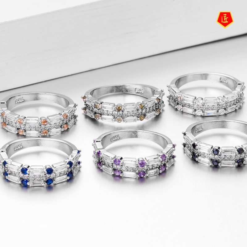[Ready Stock]Inlaid Rectangular White Moissanite Ring Creative Simplicity