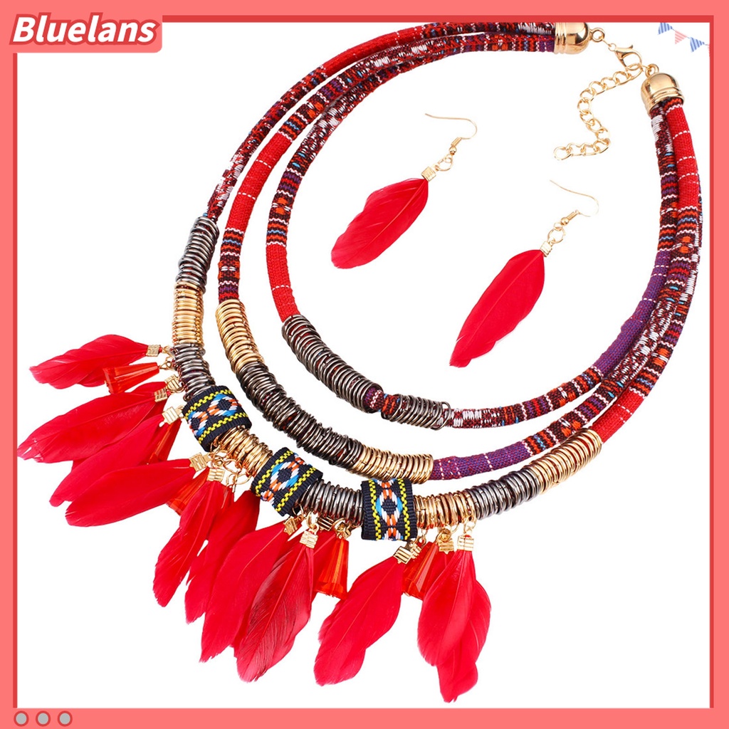 2pcs / Set Kalung Anting Rumbai Bulu Multilayer Bahan Alloy Gaya Bohemian Etnik Untuk Aksesoris Perhiasan