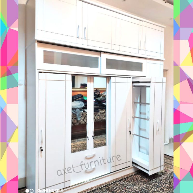 Lemari pakaian JUMBO sliding minimalis ada rak hijab jilbab. tempat simpan koper selimut seprei. lem