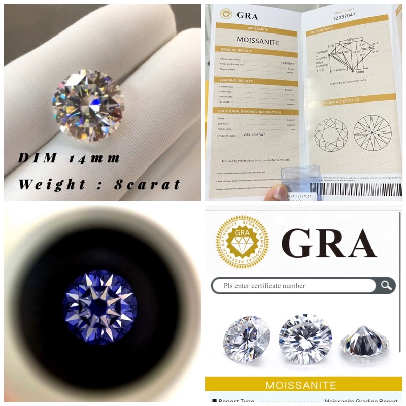 gra moissanite gede 8crt 14mm super putih D color moissanite diamond sertifikat GRA