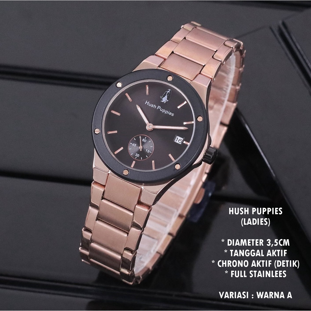 (BISA COD) JAM TANGAN HUSH PUPPIES RANTAI BODY BULAT TANGGAL &amp; CHRONO ON