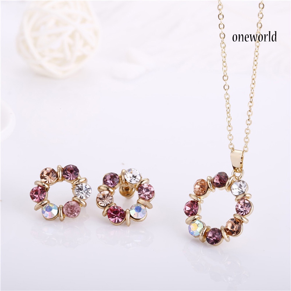 OW@ Women Rhinestone Round Pendant Chain Necklace Ear Stud Earrings Jewelry Set