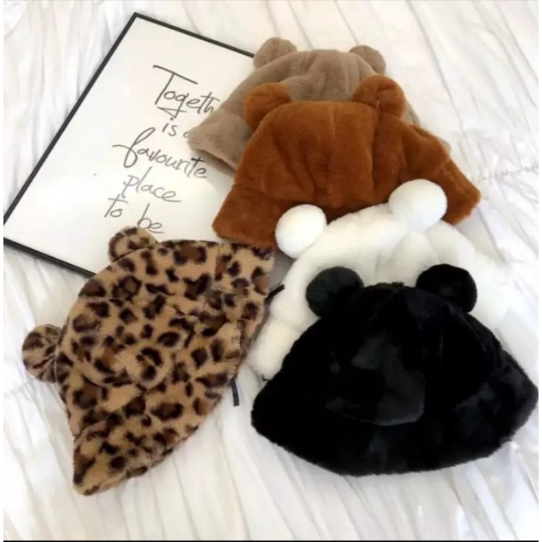 Bucket Hat Bulu Telinga Beruang / Bucket Musim Dingin