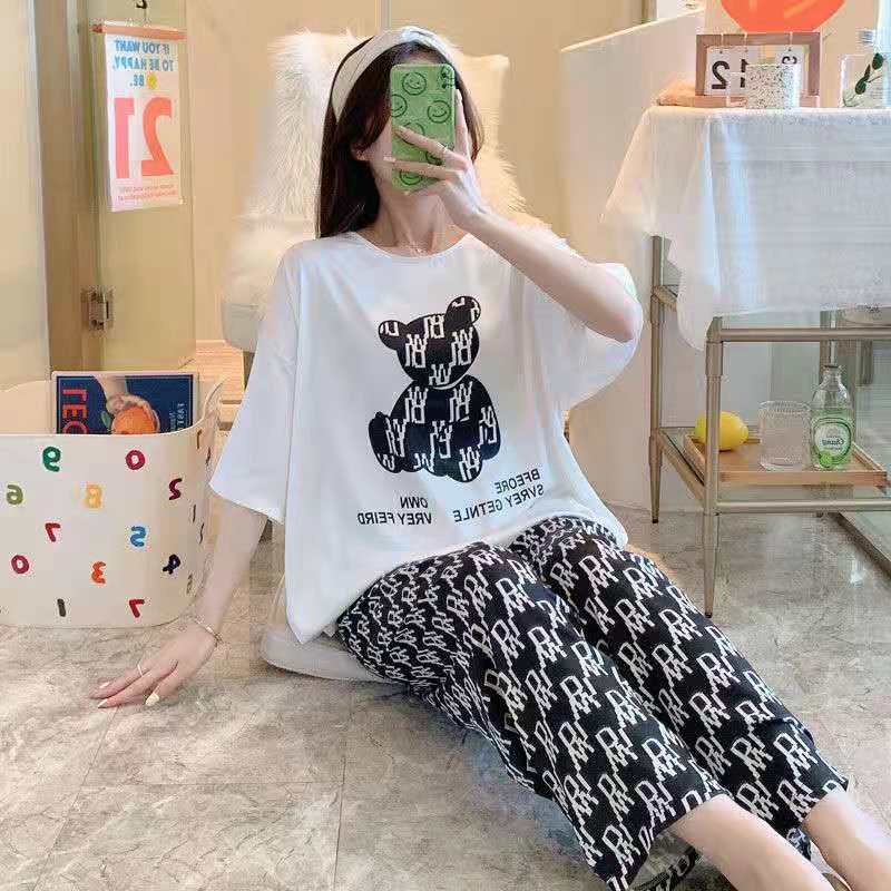 Piyama Oversize Bahan Kaos Lengan Pendek Baju Tidur Wanita pakaian tidur wanita kaos set baju tidur wanita piyama-Black Bear