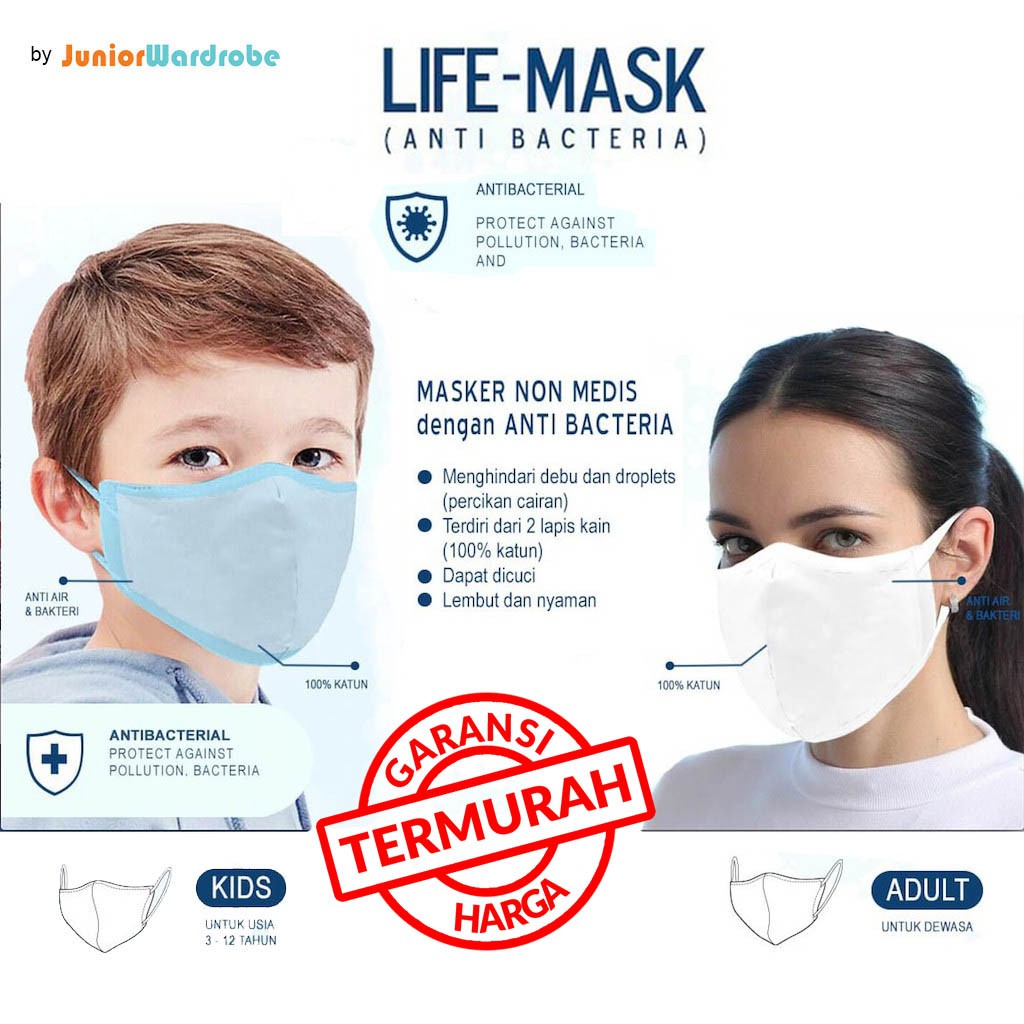 Masker kain Life Mask anti bacteria bakteri &amp; droplets percikan air katun 2 lapis by Junior Wardrobe