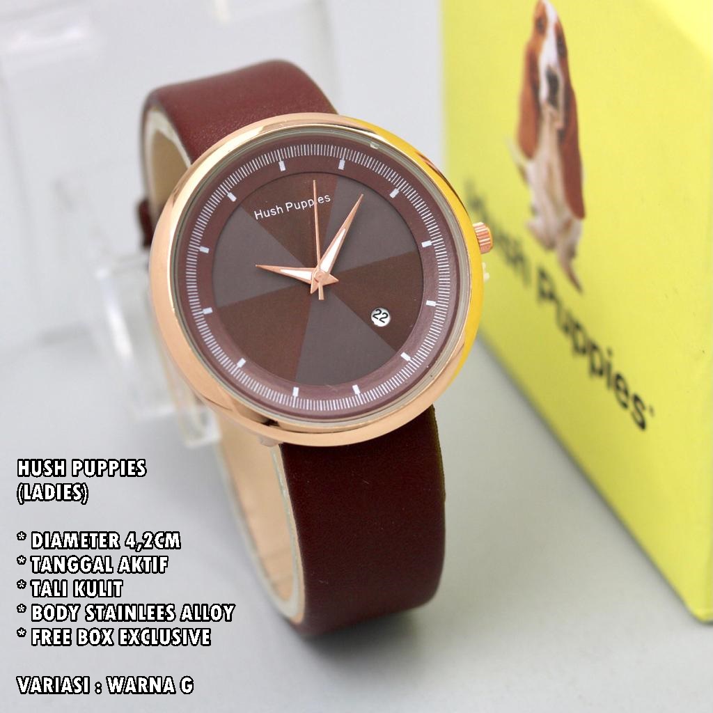 (FREE BOX) JAM TANGAN WANITA HUSH PUPPIES TALI KULIT BODY BULAT TANGGAL AKTIF