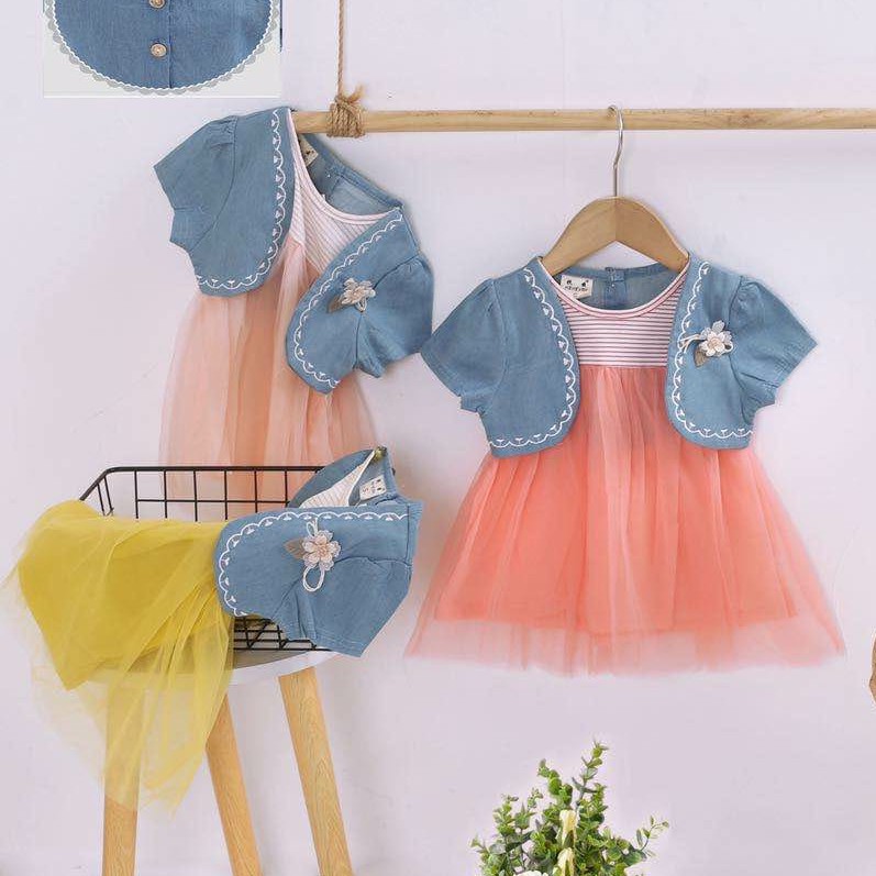 LittleAaron DRESS DENIM FLOWER VEST 2102 EBV Baju Dress Anak Perempuan Import Model Gaun