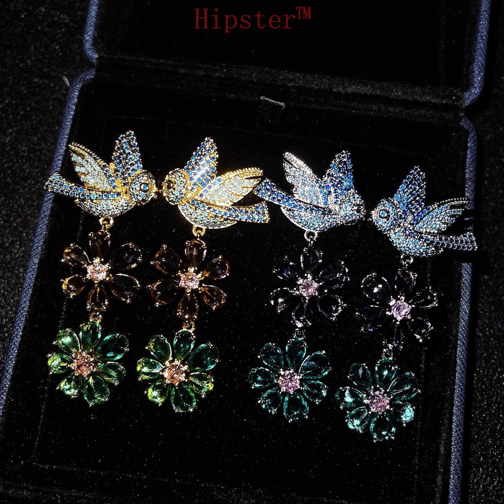 Luxury Vintage Flower Micro-Inlaid Full Diamond Bird Earrings