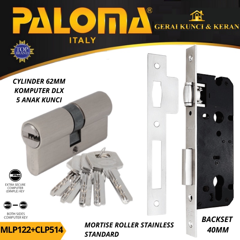 PALOMA MORTISE LOCK SET CYLINDER MLP 122 CLP 514 BODY KUNCI PELOR BACKSET 40MM CYLINDER 62MM KOMPUTER KEY