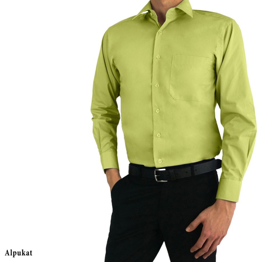 Kemeja Formal Pria Lengan Panjang Warna Hijau Alpukat Polos Bahan Kain Katun Reguler