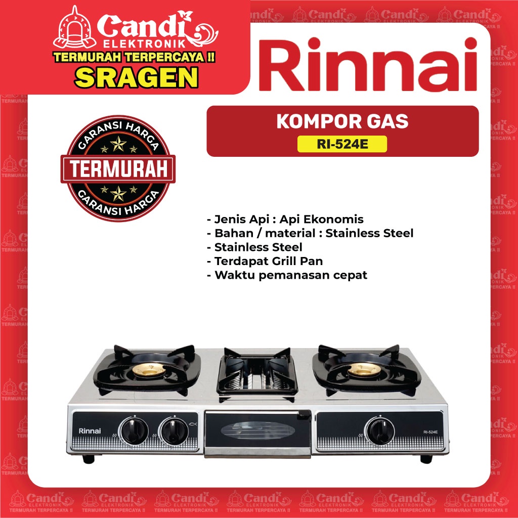 RINNAI Kompor Gas 3 Tungku (2 Tungku Api, 1 Tungku Grill) - RI-524E