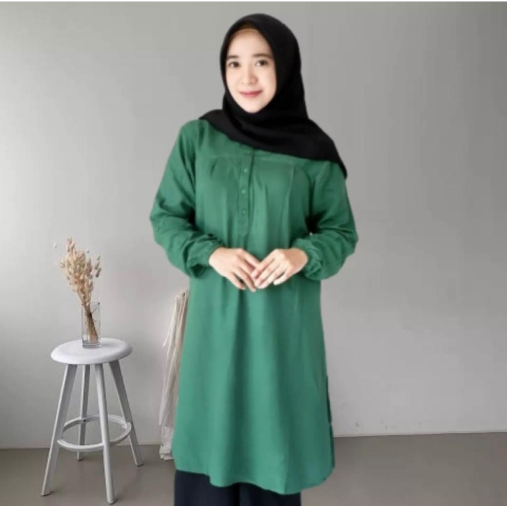 Tunik Wanita Terbaru Katun Rayon Polos Busui Jumbo Hijau Botol Cod Balanjo