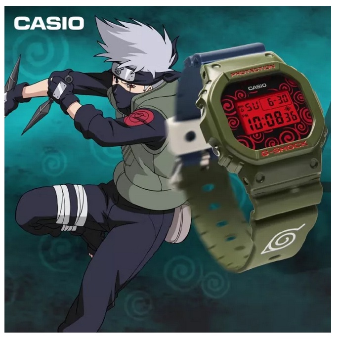 Casio G-Shock • Naruto Wind Transmission DW5600 Jam Tangan Olahraga Pria Tampilan Ganda 200M Tahan Air Shockproof dan Waterproof Waktu Dunia LED Lampu Otomatis DW-5600KAK21-3PFN