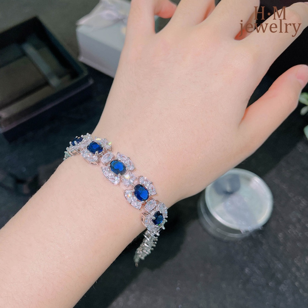 Gelang Tangan Sterling Silver 925 Aksen Batu Sapphire Biru Terang Untuk Wanita