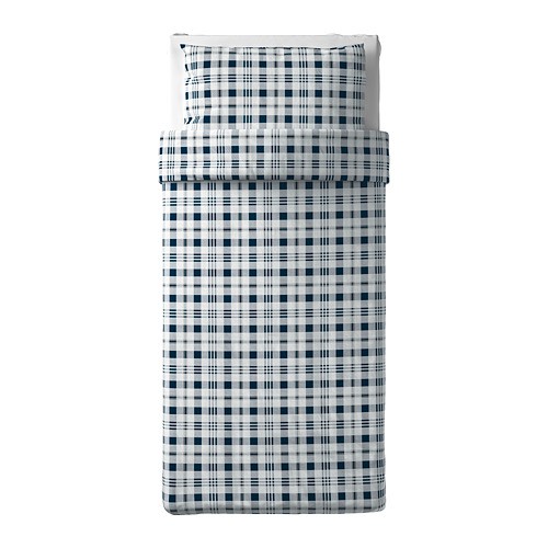 SPIKVALLMO Sarung quilt 150 x 200 cm dan sarung bantal putih biru motif kotak