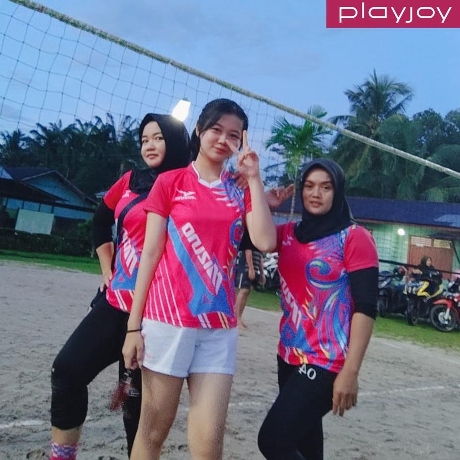 PAKAIAN OLAHRAGA ATASAN WANITA KAOS VOLLY BADMINTON FUTSAL BULUTANGKIS JERSEY PRINTING PINK