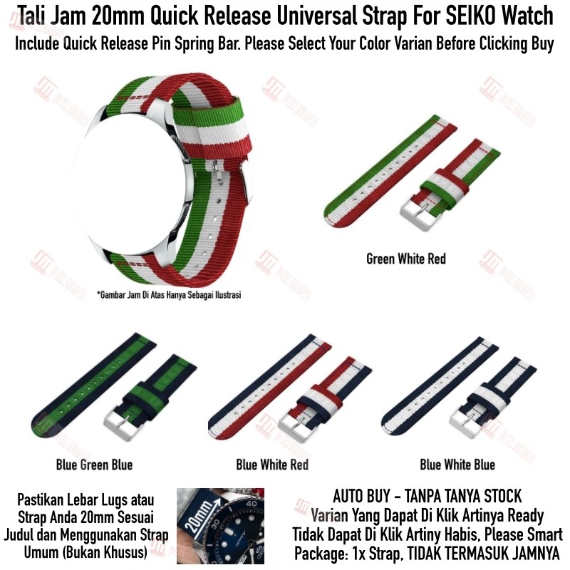 Tali Jam 20mm Quick Release Watch Strap For Seiko - Nylon 3 Baris Warna