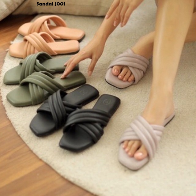 J001/Sandal Flat Cewek Korea Selop Empuk Kulit Premium Size 37 Sampai 40