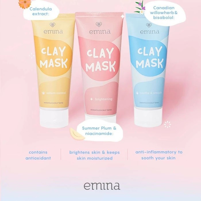 ❤ jselectiv ❤ EMINA Clay Mask - Brightening | Soothe &amp; Smooth (Kulit Sensitif) | Sebum Control (Kulit Berminyak) - ALL Masker Lumpur EMINA